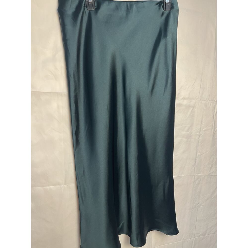 Zara Satin Midi Skirt Green Teal Slip Bias Cut Size L Elastic Waist Minimalist